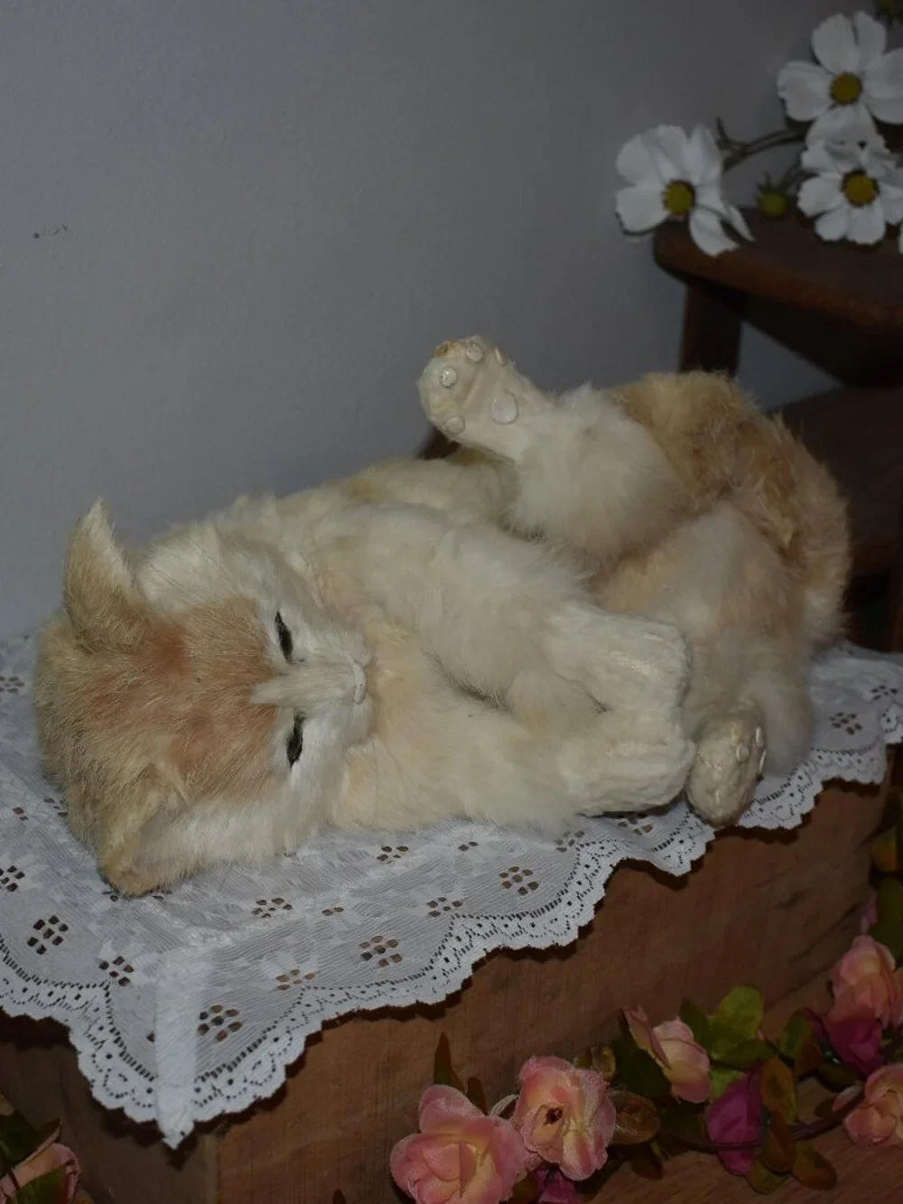 Vintage Antique Real Rabbit Fur Realistic Cat Figure Decor